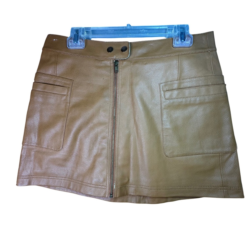 Free People Faux Leather Mini Skirt Utility Zip Front Brown Size 10 Tan Edgy